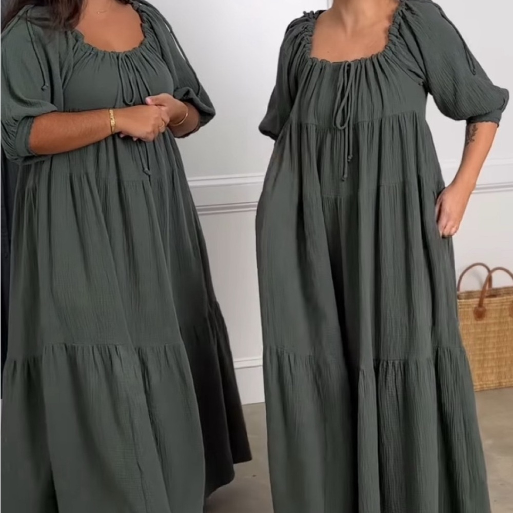 Harmony - Tiered Maxi Dress with Square Neck in Olive Green - Picture 3 of 10